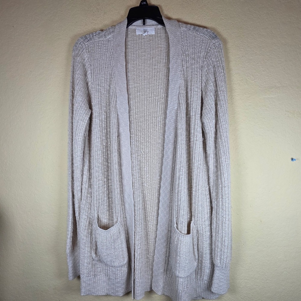 Pinque boho Hippie preppy Beige Oatmeal Open Front Knit Cardigan Pockets Large